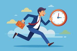Businessman Running With Clock and Briefcase Against Blue Sky vector