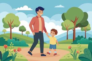 Father and Son Walking Through a Park on a Sunny Day vector