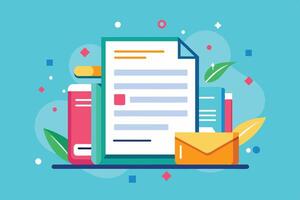 A Flat Design Illustration of Documents and Books on a Blue Background vector
