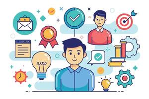 Smiling Man Surrounded by Icons Representing Success, Achievement, and Innovation vector