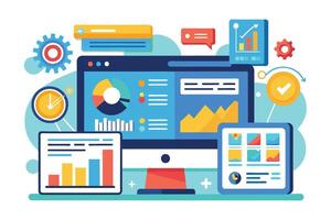 Colorful Desktop Computer Displaying Various Data Graphs and Charts vector