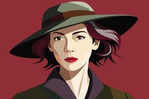 Woman In Green Hat Looking At The Camera In Front Of Red Background vector