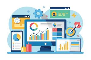 Computer, Smartphone, and Tablet Displaying Data Analytics Charts and Graphs vector