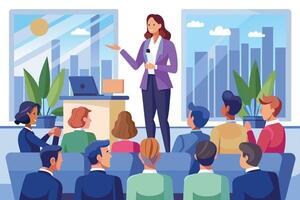 Businesswoman Leading Presentation to Diverse Group in Modern Office vector