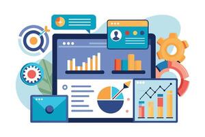 Colorful Digital Dashboard With Data Charts and Graphs on a Laptop Screen vector