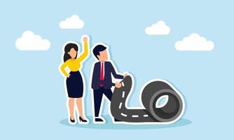 The career path to success starts with career development, and leadership planning for business direction, concept of A smart businessman rolls out the career path road carpet for his team colleagues vector