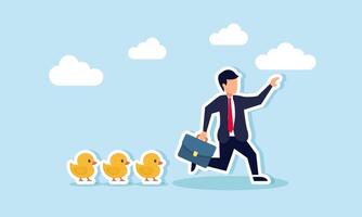 Leadership guides the team to success, with employees following the managers guidance, motivation, and direction, concept of A confident businessman leader points the direction, followed by ducklings vector