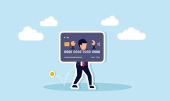 Credit card debt and overspending lead to financial failure and excessive costs, concept of A broke, hopeless office worker, shackled by a large credit card, has empty pockets vector