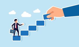 A helping hand supports career development, climbing the staircase, concept of A confident businessman in a suit walks with ambition on wooden stairs, helped a human hand creating the stairway vector