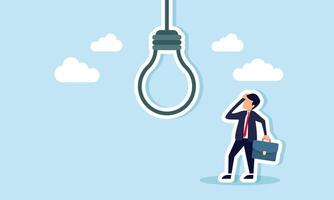 Business risks and challenges include mistakes, failures, bad ideas, self-sabotage, and pitfalls, concept of A doubtful businessman looks at a lightbulb idea, seeing it as a potential noose trap. vector