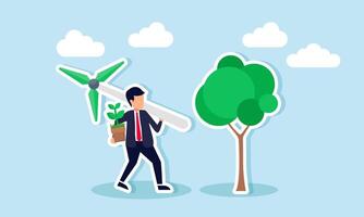 Businesses going green, eco friendly practices in response to climate change and sustainability, concept of A smart businessman carrying a wind turbine and seedling aims to create green energy vector
