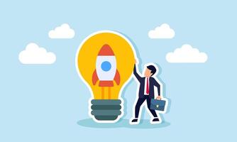 Entrepreneurship involves a new business, driven by motivation to create and succeed with innovative ideas, concept of A startup owner stands innovative rocket inside a lightbulb vector