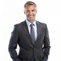 Smiling male professional standing with arms crossed while making eye contact against isolated background photo