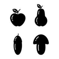 Silhouette Apple and Pear, Mushroom and acorn in minimalist style. Seasonal fruit. Logo, icon idea. Isolate EPS . Sticker, cards, poster, banner, price tag, label or web, promo design concept vector