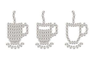 Mugs with steam and saucer Made of coffee beans. Greeting card, Logo, Icon design concept. Set of 3. Isolate EPS. Coffee Day greeting, sticker, icon or banner, price tag, label or web idea vector