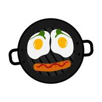 Fried eggs in grill pan with sausage, strip of ketchup and microgreen leaves in smiling face form. Top view Hand drawn Isolated illustration Culinary food poster or card menu template. Logo vector