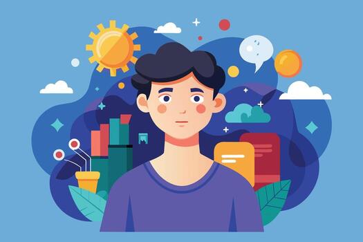 Young Man With a Calm Expression Surrounded by Abstract Shapes and Symbols vector