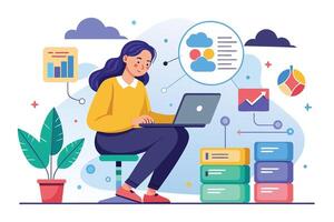 Woman Working on Laptop With Cloud Data and Analytics Charts vector