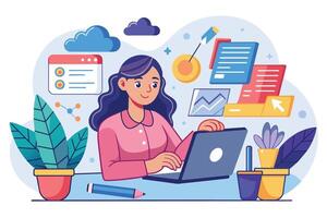Woman Working On Laptop With Documents And Charts In Office vector