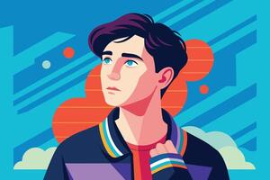 Young Man Gazing Upwards Against a Colorful Geometric Background vector