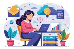 Woman Working On Laptop In Office With Cloud Computing And Wifi vector