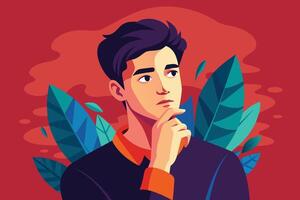 Young Man Thinking In Front Of Red Background With Green Leaves vector