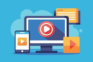 Desktop, Smartphone, and Tablet Displaying Play Buttons on Blue Background vector