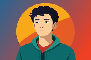 Young Man Wearing a Green Hoodie Looking Upwards in Front of a Colorful Background vector