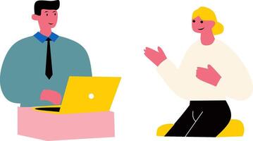 Job interview concept. Modern flat illustration of a woman talking to a man with a laptop. illustration. Isolated in the background. vector