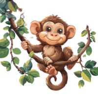 Curious Cartoon Monkey Swinging from Tree Branch png