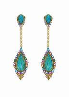 Earrings fancy art set with gems and turquoise jewelry design hand drawing on paper and make graphic . vector
