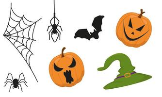 set of Halloween elements. Color image of a pumpkin with different scary faces, a spider with a web and a bat. Creepy hand drawings on a white background. vector