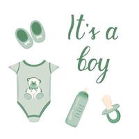 Hand drawn greeting card for the birth of a Boy. Color illustration with newborn clothes in green on a white background. Calligraphic lettering for cards, invitations and banners. vector