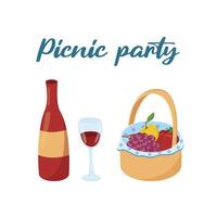 illustration of a basket with food and drinks for a picnic. Colored card with barbecue items. Set of things for a family day out in the forest or park. BBQ elements. Image of vegetables and vector