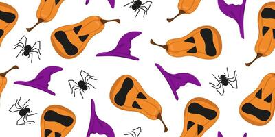 image of a Halloween pumpkin. Seamless horizontal pumpkin pattern with carved scary faces, hat and spiders. Image for textiles, packaging and wallpaper. Festive background for Halloween. vector