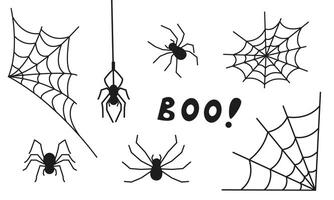 set of design elements for Halloween. Image of different webs and spiders in doodle style. Set of icons with insects. vector