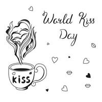 World Kissing Day image in doodle style. Greeting card with an image of lips, a cup of steam and hearts. Holiday concept for lovers. vector