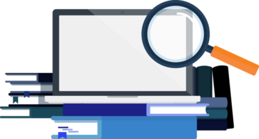 computer with magnifying glass and books.Internet web page search engine optimization research png