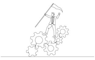 Continuous one line drawing of businessman standing on gear set raising flag, successful workflow management concept, single line art. vector