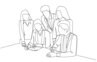 Continuous one line drawing of businesswoman explaining project details to team members, team discussion on project concept, single line art. vector