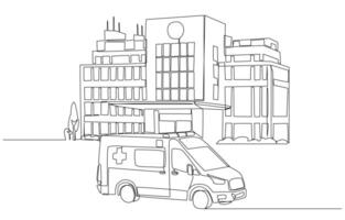 Continuous one line drawing of ambulance in front of hospital building, emergency medical service concept, single line art. vector