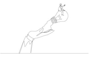 Continuous one line drawing of businessman riding light bulb rocket from big hand, supporting creativity at work concept, single line art. vector