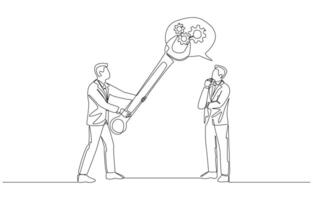 Continuous one line drawing of businessman fixing cogwheels in thought bubble of his employee, mentorship to improve thinking process at work concept, single line art. vector
