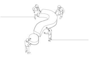 Continuous one line drawing of businesspeople with big question mark, teamwork to find solution to solve business problem, answering question concept, single line art. vector