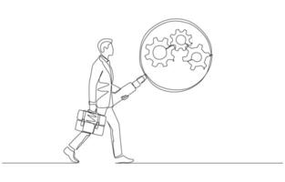 Continuous one line drawing of businessman analyze cogwheels system with magnifying glass, workflow monitoring for smooth operation concept, single line art. vector