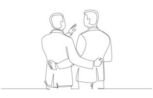 Continuous one line drawing of wo businessmen hug each other to talk business matters casually, business talks concept, single line art. vector
