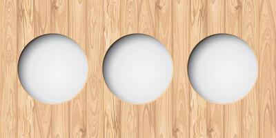 Three of abstract 3D circle frame paper cut style on cut timber panels graphic rectangle background illustrated. Wooden whitewashed texture pattern with white round border template. vector