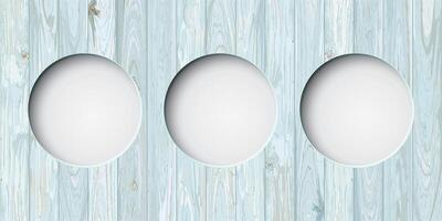 Three of abstract 3D circle frame paper cut style on cut timber panels turquoise blue colors distressed weathered fade condition graphic background illustrated. vector
