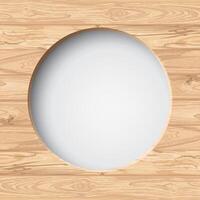 3D circle frame paper cut style with cut timber panels graphic square background illustrated have white blank space. Wooden whitewashed texture pattern with white round border template. vector