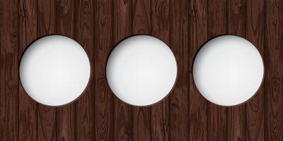 Three of abstract 3D circle frame paper cut style on cut timber panels graphic rectangle background illustrated. Wooden texture pattern with white round border template. vector